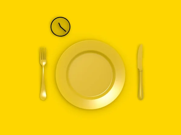 減量の概念 食事よ スケジュールに従って食事をする 皿の上の時計 水平画像 3D画像 3Dレンダリング — ストック写真