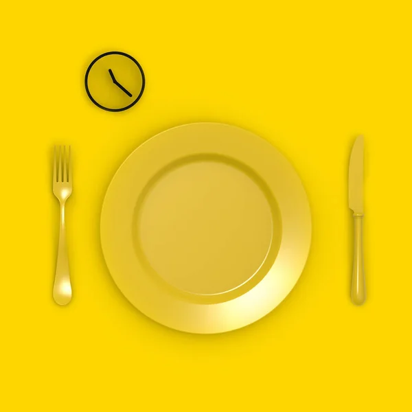 減量の概念 食事よ スケジュールに従って食事をする 皿の上の時計 正方形の画像 3D画像 3Dレンダリング — ストック写真