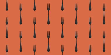 Desen. Kırmızı turuncu arkaplanda çatal üst görünümü. Yüzeye başvurmak için şablon. Bölgeye yerleştirme pankartı. Düz yatıyordu. 3 boyutlu görüntü. 3B görüntüleme.