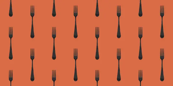 stock image pattern. Fork top view on red orange background. Template for applying to surface. Banner for insertion into site. Flat lay. 3D image. 3D rendering.