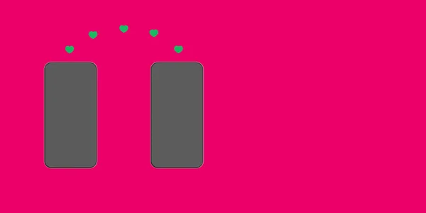 友人同士で共有するのが好き 赤い背景の2つのスマートフォン ハートはガジェットから別のガジェットに転送されます 社会的ネットワークにおけるコミュニケーション 水平画像 3D画像 3Dレンダリング — ストック写真
