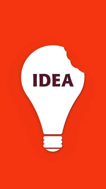 Kırmızı arkaplanda yazı yazan beyaz ısırılmış bir ampul. Diş izleri bir fikri çalıyor. Çalıntı eser hırsızlığı. Başkalarının eserlerini kopyalamak. Dikey görüntü. 3 boyutlu görüntü. 3B görüntüleme.