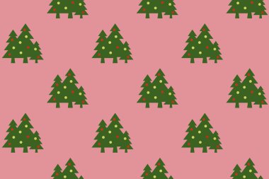 Desen. Mor arka planda topları olan yeşil Noel ağaçları. Yeni yılın ve Noel 'in sembolü. Yüzeyde kaplama şablonu. Yatay görüntü. 3 boyutlu görüntü. 3d oluşturma