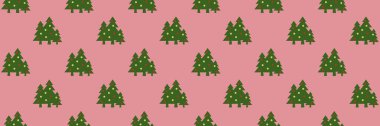 Desen. Mor arka planda topları olan yeşil Noel ağaçları. Yeni yılın ve Noel 'in sembolü. Yüzeyde kaplama şablonu. 3D görüntüye eklenmek için pankart. 3d oluşturma