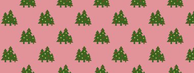Desen. Mor arka planda topları olan yeşil Noel ağaçları. Yeni yılın ve Noel 'in sembolü. Yüzeyde kaplama şablonu. 3D görüntüye eklenmek için pankart. 3d oluşturma