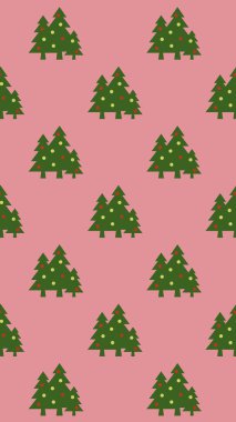 Desen. Mor arka planda topları olan yeşil Noel ağaçları. Yeni yılın ve Noel 'in sembolü. Yüzeyde kaplama şablonu. Dikey görüntü. 3 boyutlu görüntü. 3d oluşturma