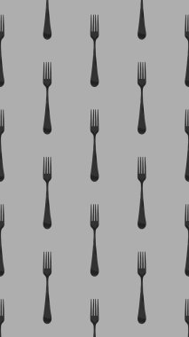 Desen. Gri arkaplanda çatal üst görünümü. Yüzeye başvurmak için şablon. Dikey görüntü. Düz yatıyordu. 3 boyutlu görüntü. 3B görüntüleme.