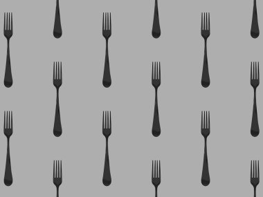 Desen. Gri arkaplanda çatal üst görünümü. Yüzeye başvurmak için şablon. Yatay görüntü. Düz yatıyordu. 3 boyutlu görüntü. 3B görüntüleme.