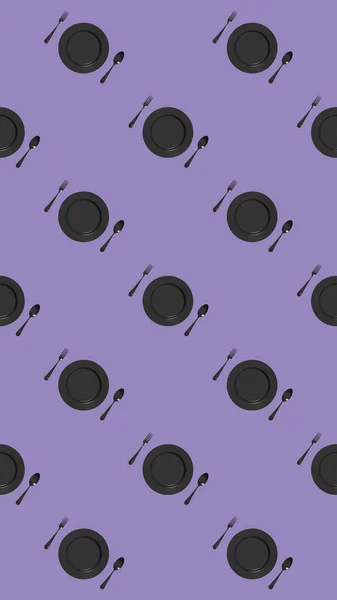 Шаблон Кухонные Принадлежности Пастельно Фиолетовом Фоне Вилка Ложка Тарелка Шаблон — стоковое фото
