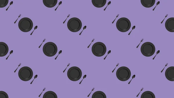 Muster Küchenutensilien Auf Pastellviolettem Hintergrund Gabel Löffel Teller Vorhanden Vorlage — Stockfoto