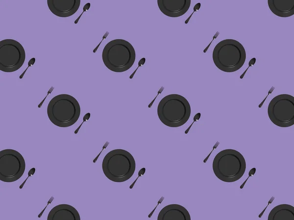 Patroon Keukengerei Een Pastel Violette Achtergrond Vork Lepel Bord Model — Stockfoto