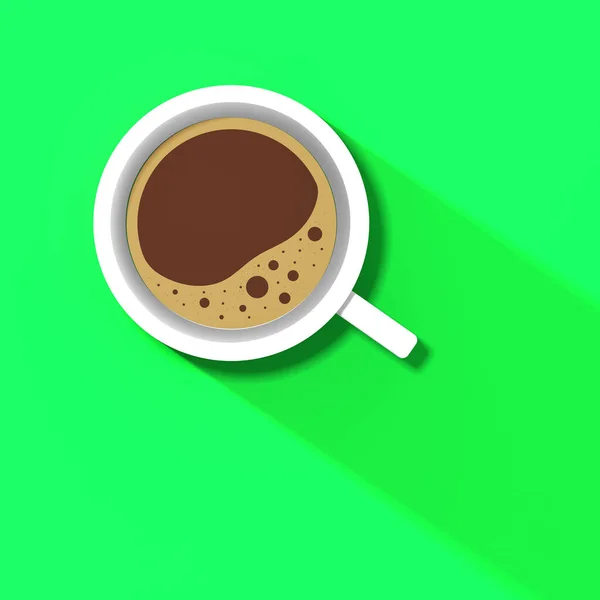 a white cup of coffee on green background. long shadow from cup. invigorating drink. Square image. 3D image. 3D rendering.