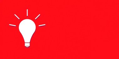 Kırmızı arka planda gölgesi olan beyaz parlak bir ampul. Fikrin sembolü tasviri. Yatay görüntü. Bölgeye yerleştirme pankartı. 3 boyutlu görüntü. 3B görüntüleme.