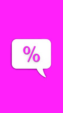 Beyaz mesaj panosunda yüzde pembe işareti var. Faiz geri çekme sinyali. İndirim bildirimleri. Pembe arkaplandaki mesaj. Dikey görüntü. 3 boyutlu görüntü. 3B görüntüleme.