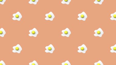 Desen. Pastel kırmızı turuncu arka planda tavuk yumurtası resmi. Yuvarlak yumurta sarısı. Yüzey örtüsü deseni. Yatay görüntü. 3 boyutlu görüntü. 3B görüntüleme.