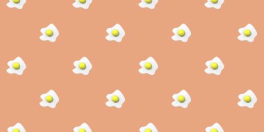 Desen. Pastel kırmızı turuncu arka planda tavuk yumurtası resmi. Yuvarlak yumurta sarısı. Yüzey örtüsü deseni. Yatay görüntü. Bölgeye yerleştirme pankartı. 3 boyutlu görüntü. 3B görüntüleme.