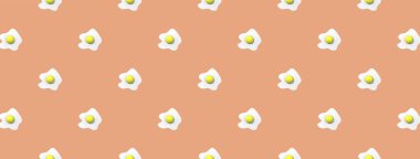 Desen. Pastel kırmızı turuncu arka planda tavuk yumurtası resmi. Yuvarlak yumurta sarısı. Yüzey örtüsü deseni. Yatay görüntü. Bölgeye yerleştirme pankartı. 3 boyutlu görüntü. 3B görüntüleme.