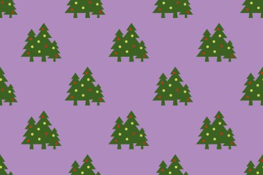 Kusursuz desen. Mor arka planda topları olan yeşil Noel ağaçları. Yeni yılın ve Noel 'in sembolü. Yüzeyde kaplama şablonu. Yatay görüntü. 3 boyutlu görüntü. 3d oluşturma