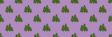 Kusursuz desen. Mor arka planda topları olan yeşil Noel ağaçları. Yeni yılın ve Noel 'in sembolü. Yüzeyde kaplama şablonu. Yatay görüntü. 3 boyutlu görüntü. 3d oluşturma