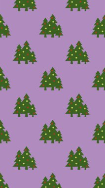 Kusursuz desen. Mor arka planda topları olan yeşil Noel ağaçları. Yeni yılın ve Noel 'in sembolü. Yüzeyde kaplama şablonu. Dikey görüntü. 3 boyutlu görüntü. 3d oluşturma