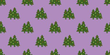 Kusursuz desen. Mor arka planda topları olan yeşil Noel ağaçları. Yeni yılın ve Noel 'in sembolü. Yüzeyde kaplama şablonu. Yatay görüntü. 3 boyutlu görüntü. 3d oluşturma