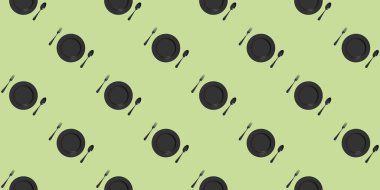 Desen. Pastel menekşe arka planda mutfak gereçleri. Çatal, kaşık, tabak. Yüzey uygulaması şablonu. Düz yatıyordu. Bölgeye yerleştirme pankartı. Yatay görüntü. 3 boyutlu görüntü. 3B görüntüleme.