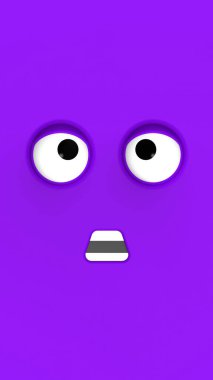 Sevimli karakterin mavi yüzü. Şirin bir yüz. Aptal surat. Duygusal sürpriz. Dikey görüntü. Şaşırmış yüz. 3 boyutlu görüntü. 3B görüntüleme.