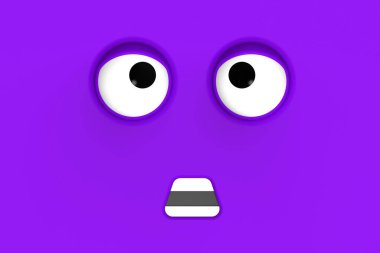 Sevimli karakterin mavi yüzü. Şirin bir yüz. Aptal surat. Duygusal sürpriz. Yatay görüntü. Şaşırmış yüz. 3 boyutlu görüntü. 3B görüntüleme.