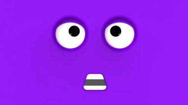 Sevimli karakterin mavi yüzü. Şirin bir yüz. Aptal surat. Duygusal sürpriz. Yatay görüntü. Şaşırmış yüz. 3 boyutlu görüntü. 3B görüntüleme.