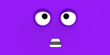 Blue face of cute character. Cute face. stupid face. emotion surprise. Horizontal image. Surprised face. Banner for insertion into site. 3D image. 3D rendering.