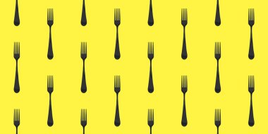 pattern. Fork top view on yellow background. Template for applying to surface. Horizontal image. Flat lay. Banner for insertion into site. 3D image. 3D rendering.