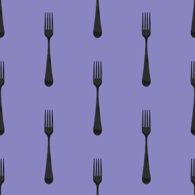 Kusursuz desen. Pastel mavi menekşe arkaplanda çatal üst görünümü. Yüzeye başvurmak için şablon. Yatay görüntü. Düz yatıyordu. 3 boyutlu görüntü. 3B görüntüleme.