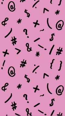 pattern with the image of keyboard symbols. Punctuation marks. Template for applying to the surface. pastel purple background. Vertical image.