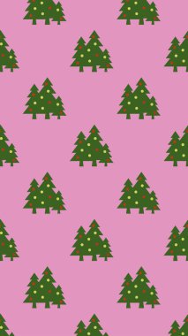 pattern. Image of green Christmas trees with balls on purple background. Symbol of New Year and Christmas. template for overlaying on surface. 3d image. 3d rendering. Vertical image.