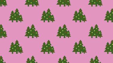 pattern. Image of green Christmas trees with balls on purple background. Symbol of New Year and Christmas. template for overlaying on surface. 3d image. 3d rendering. Horizontal image.