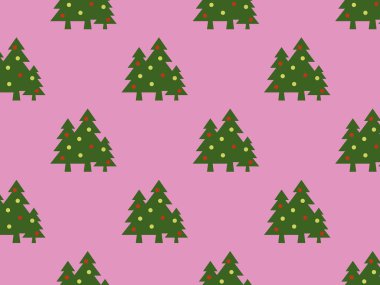 pattern. Image of green Christmas trees with balls on purple background. Symbol of New Year and Christmas. template for overlaying on surface. 3d image. 3d rendering. Horizontal image.