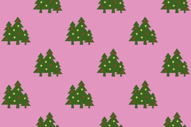 pattern. Image of green Christmas trees with balls on purple background. Symbol of New Year and Christmas. template for overlaying on surface. 3d image. 3d rendering. Horizontal image.