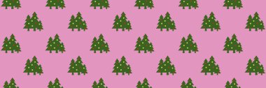 pattern. Image of green Christmas trees with balls on purple background. Symbol of New Year and Christmas. template for overlaying on surface. 3d image. 3d rendering. Banner for insertion into site.