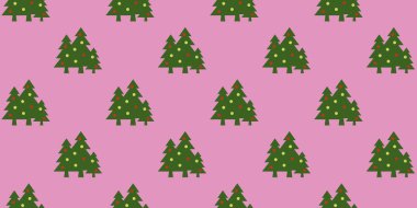 pattern. Image of green Christmas trees with balls on purple background. Symbol of New Year and Christmas. template for overlaying on surface. 3d image. 3d rendering. Banner for insertion into site.