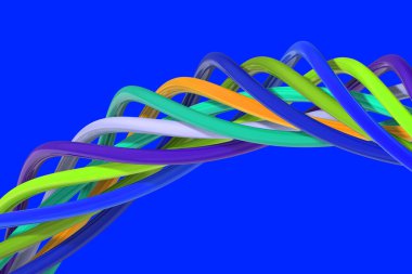 Abstract image. Elements of different colors form a spiral. Multicolored spiral. Horizontal image. 3D image. 3D rendering.