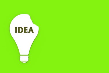 a white bitten light bulb with the inscription idea on a green background. teeth marks stealing an idea. plagiarism. copying other people's works. horizontal image. 3D image. 3D rendering.