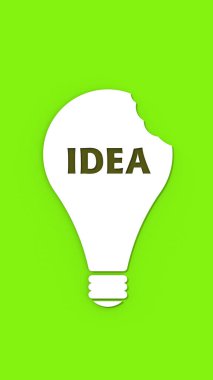 a white bitten light bulb with the inscription idea on a green background. teeth marks stealing an idea. plagiarism. copying other people's works. Vertical image. 3D image. 3D rendering.