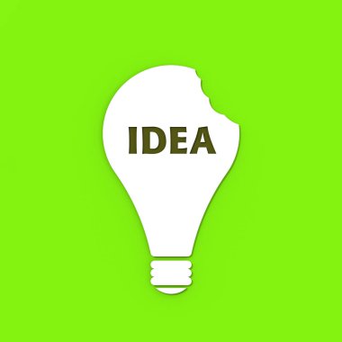 a white bitten light bulb with the inscription idea on a green background. teeth marks stealing an idea. plagiarism. copying other people's works. Square image. 3D image. 3D rendering.
