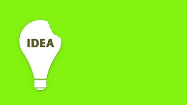 a white bitten light bulb with the inscription idea on a green background. teeth marks stealing an idea. plagiarism. copying other people's works. horizontal image. 3D image. 3D rendering.