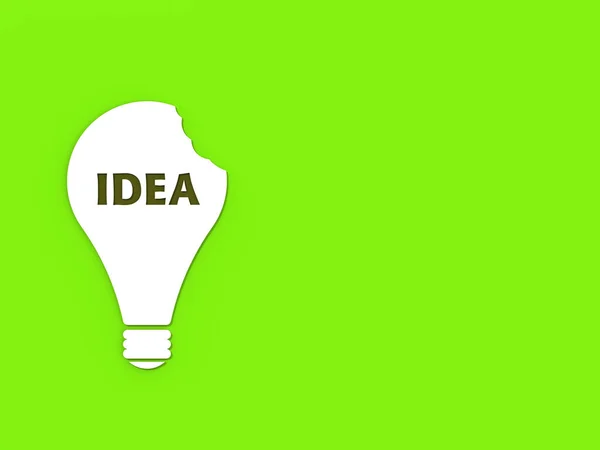 a white bitten light bulb with the inscription idea on a green background. teeth marks stealing an idea. plagiarism. copying other people\'s works. horizontal image. 3D image. 3D rendering.