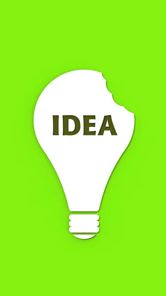 a white bitten light bulb with the inscription idea on a green background. teeth marks stealing an idea. plagiarism. copying other people\'s works. Vertical image. 3D image. 3D rendering.
