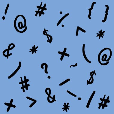 pattern with the image of keyboard symbols. Punctuation marks. Template for applying to the surface. pastel blue background. Square image.