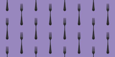 pattern. Fork top view on pastel violet background. Template for applying to surface. Horizontal image. Flat lay. Banner for insertion into site. 3D image. 3D rendering.