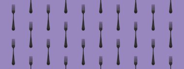pattern. Fork top view on pastel violet background. Template for applying to surface. Horizontal image. Flat lay. Banner for insertion into site. 3D image. 3D rendering.