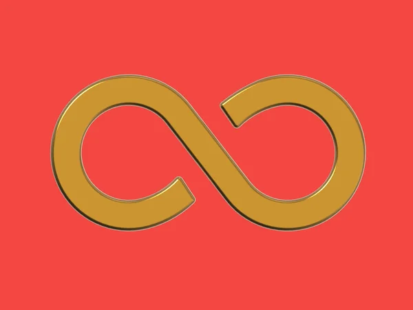 The sign of infinity is golden, isolated on a red background. Symbol of infinity. Horizontal image. 3D image. 3D rendering.